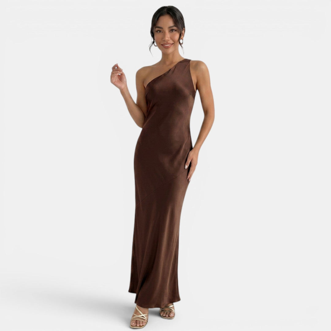 Vestito lungo da donna monospalla, schiena nuda da annodare, taglio a sirena