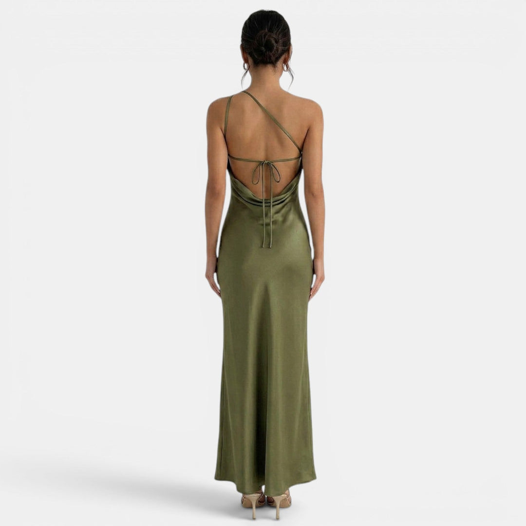 Vestito lungo da donna monospalla, schiena nuda da annodare, taglio a sirena