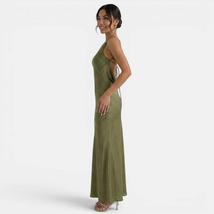Vestito lungo da donna monospalla, schiena nuda da annodare, taglio a sirena