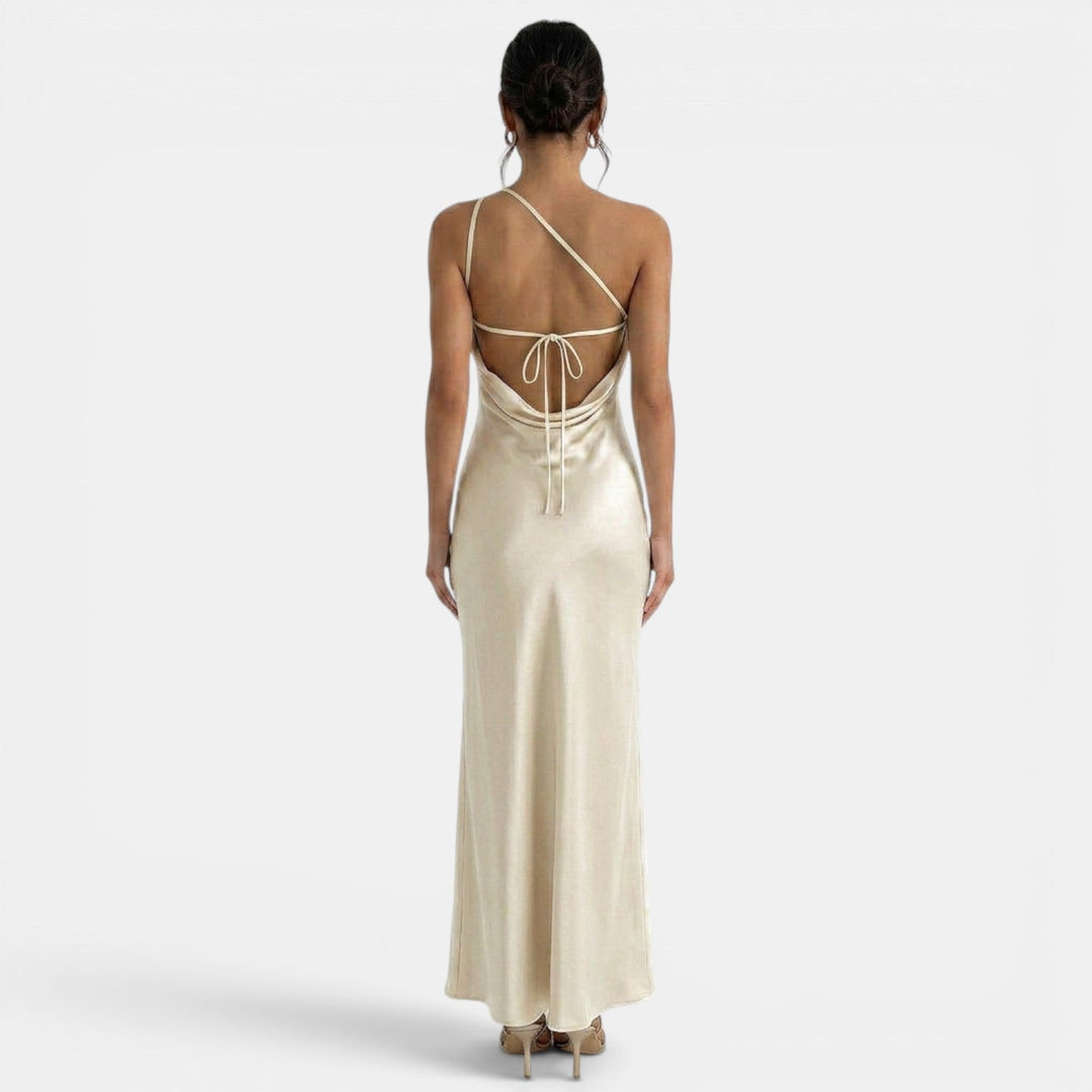 Vestito lungo da donna monospalla, schiena nuda da annodare, taglio a sirena
