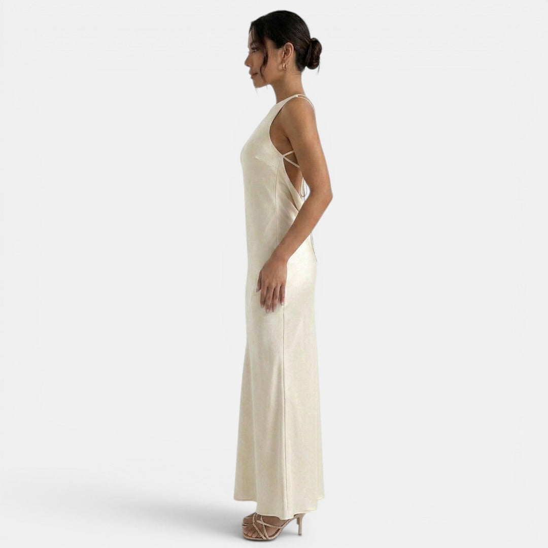 Vestito lungo da donna monospalla, schiena nuda da annodare, taglio a sirena