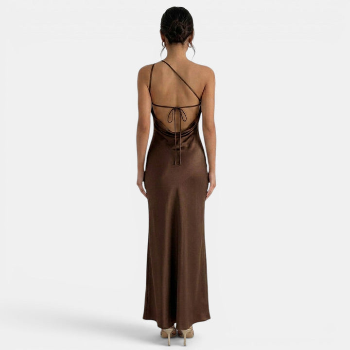 Vestito lungo da donna monospalla, schiena nuda da annodare, taglio a sirena
