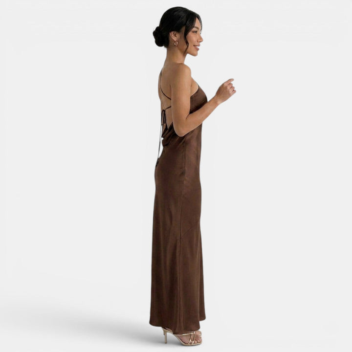 Vestito lungo da donna monospalla, schiena nuda da annodare, taglio a sirena