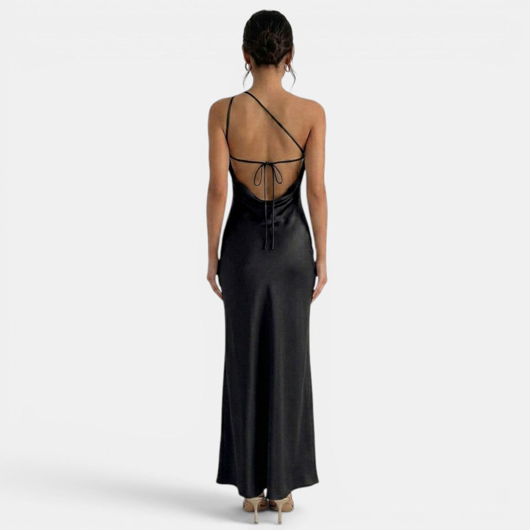 Vestito lungo da donna monospalla, schiena nuda da annodare, taglio a sirena
