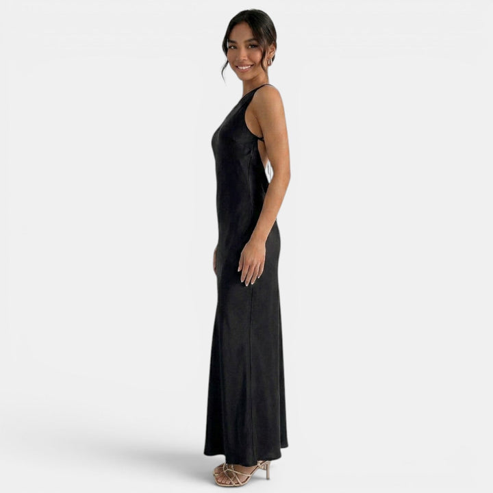 Vestito lungo da donna monospalla, schiena nuda da annodare, taglio a sirena