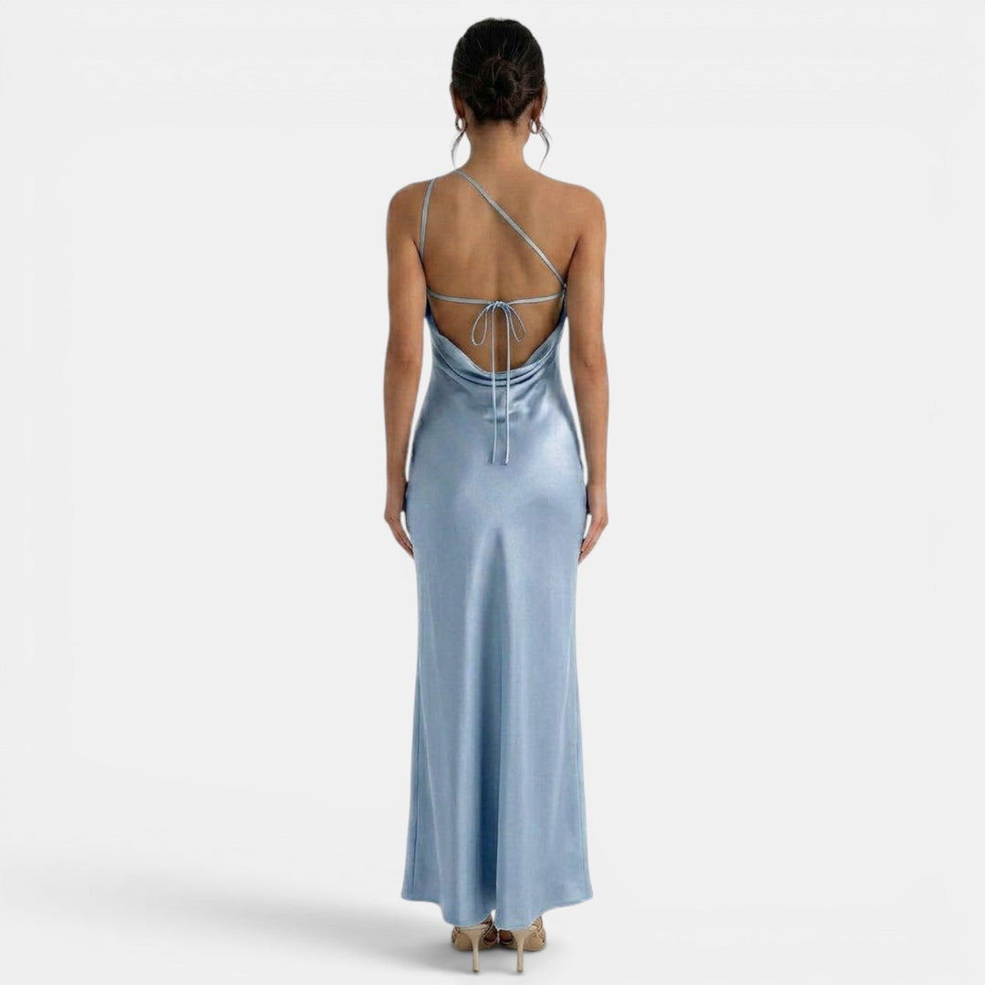 Vestito lungo da donna monospalla, schiena nuda da annodare, taglio a sirena