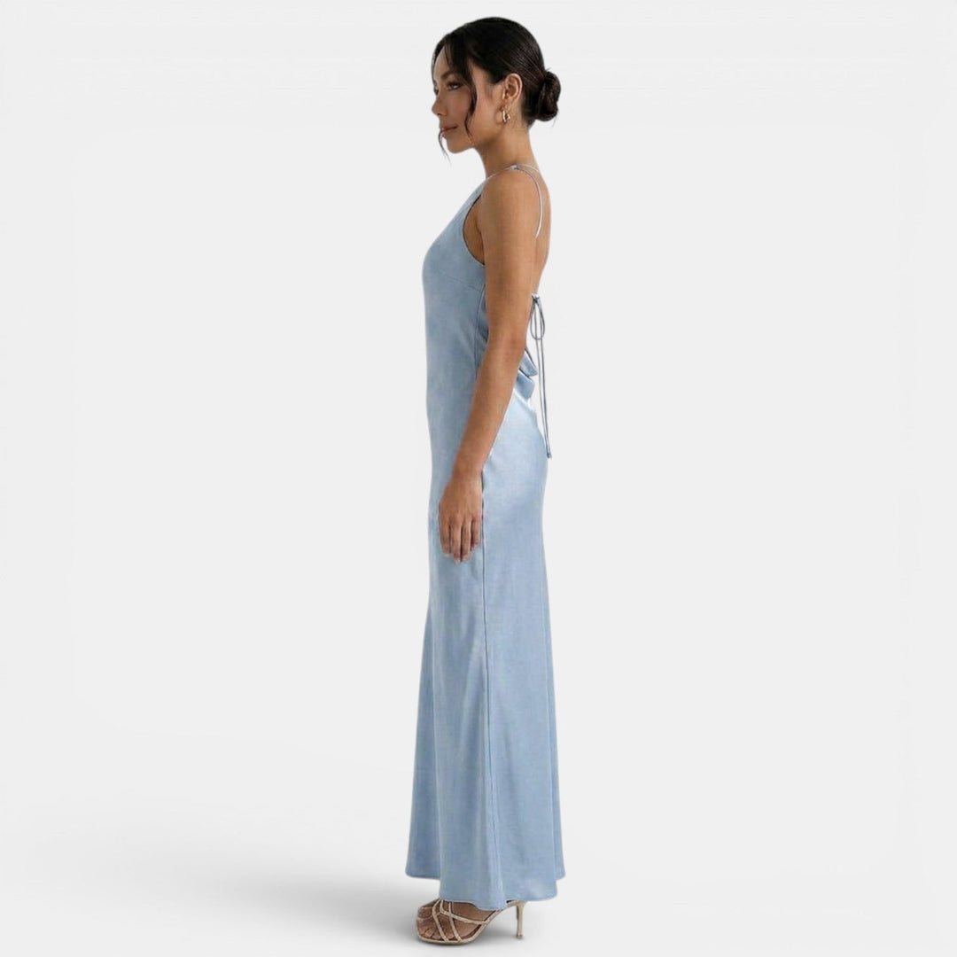 Vestito lungo da donna monospalla, schiena nuda da annodare, taglio a sirena