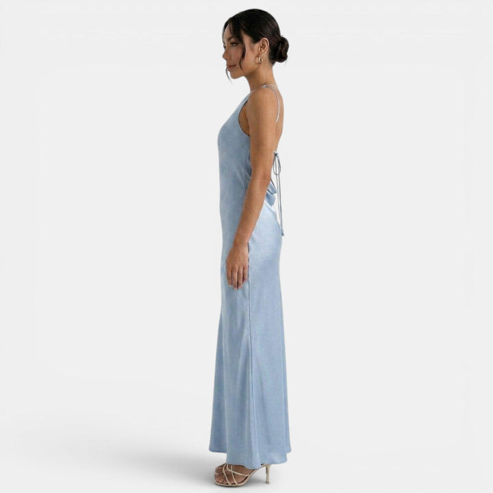 Vestito lungo da donna monospalla, schiena nuda da annodare, taglio a sirena