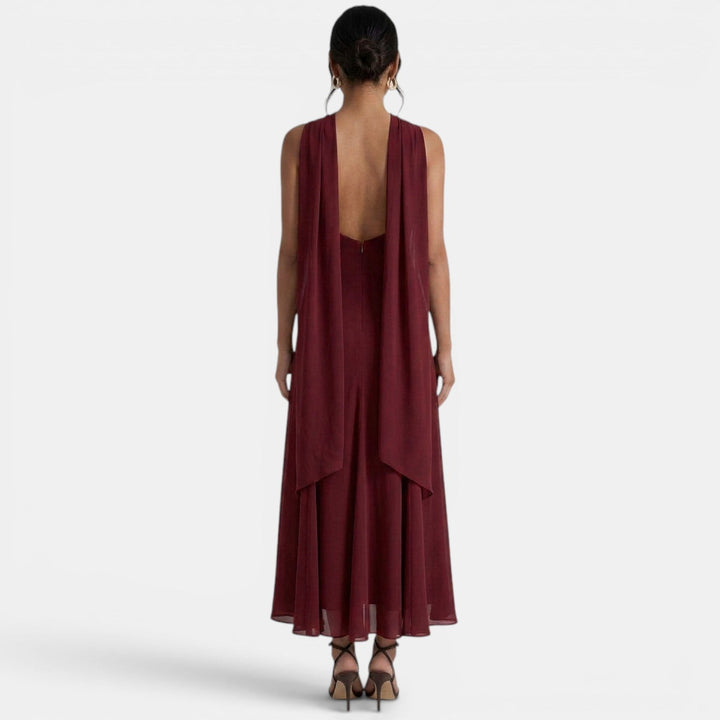 Vestito lungo da donna con bretelle incrociate, scollo all'americana drappeggiato e gonna fluida