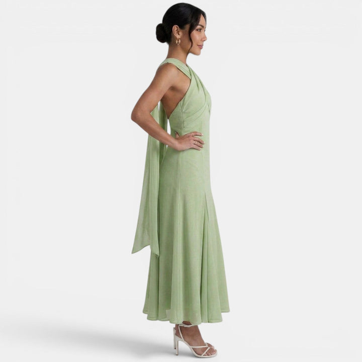 Vestito lungo da donna con bretelle incrociate, scollo all'americana drappeggiato e gonna fluida