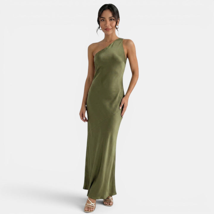 Vestito lungo da donna monospalla, schiena nuda da annodare, taglio a sirena