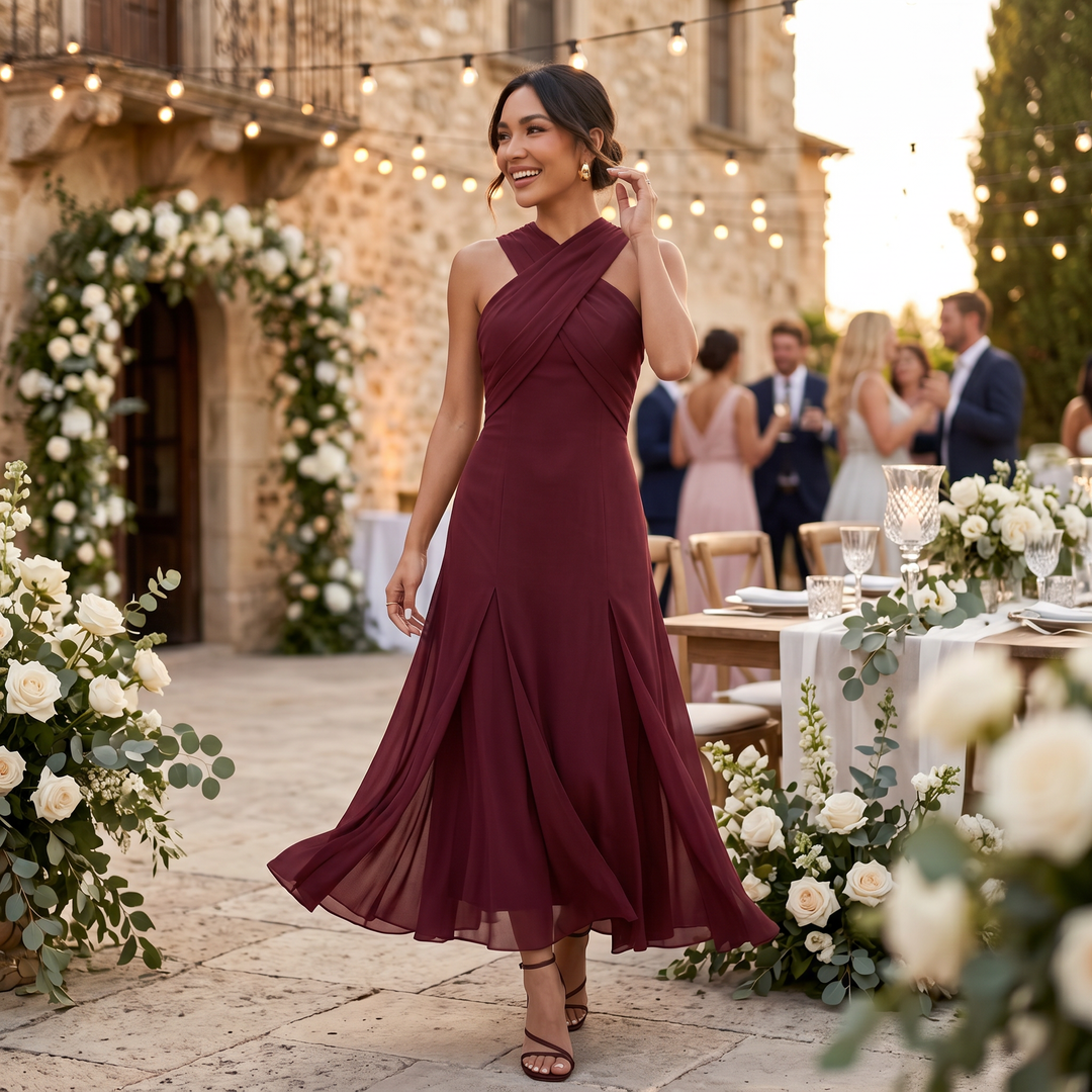 Vestito lungo da donna con bretelle incrociate, scollo all'americana drappeggiato e gonna fluida