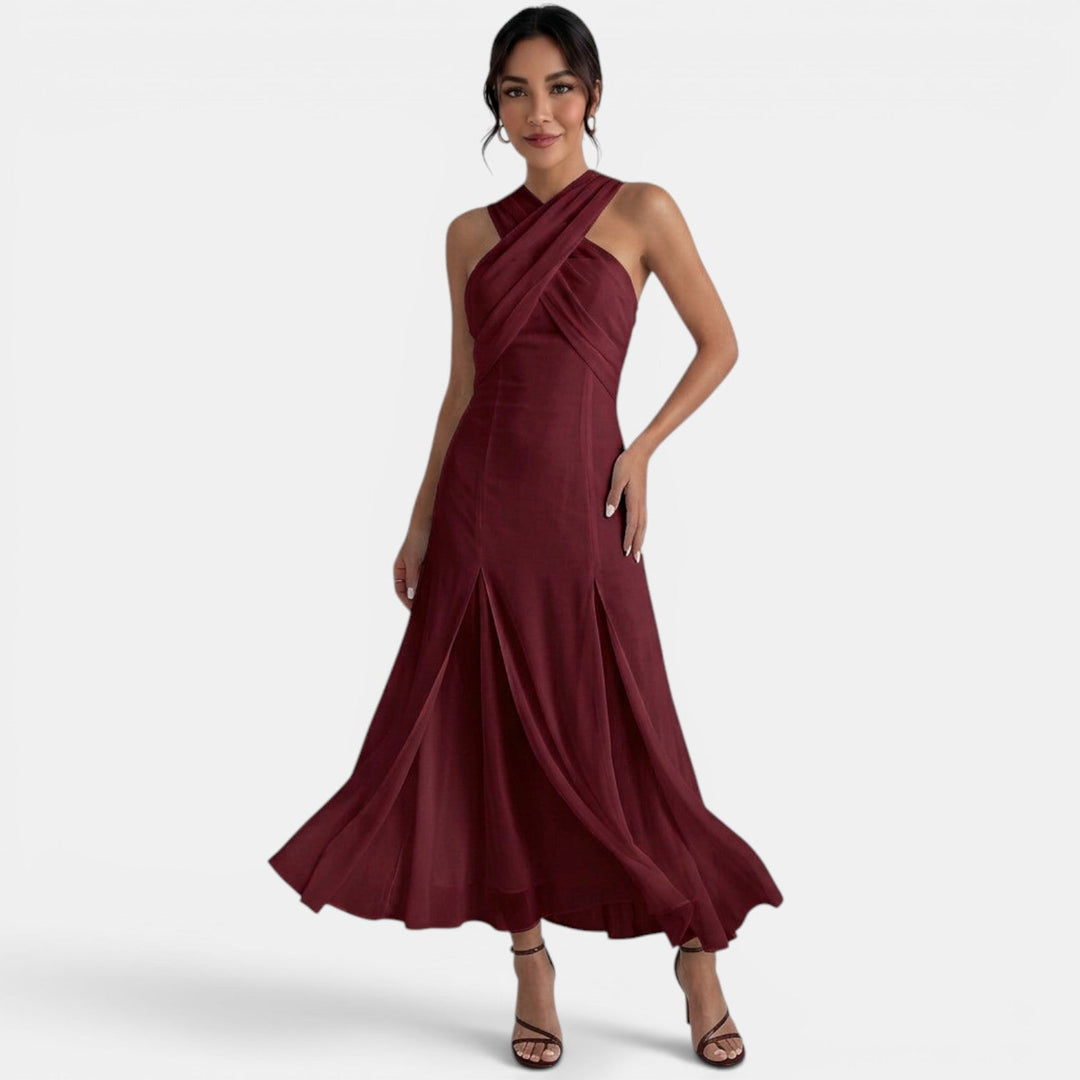 Vestito lungo da donna con bretelle incrociate, scollo all'americana drappeggiato e gonna fluida