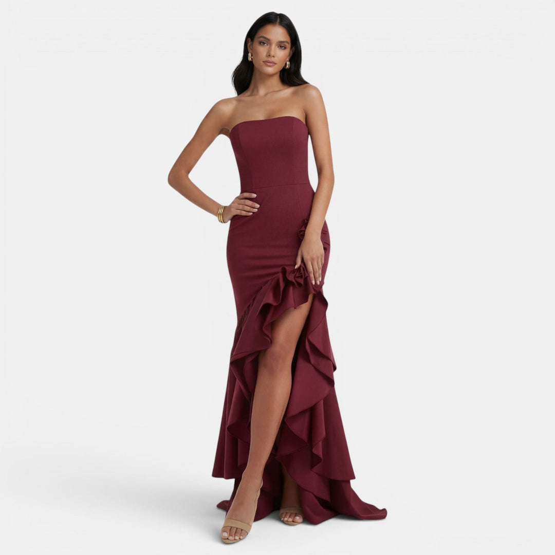 Vestito lungo da donna con bustier asimmetrico, volant, spacco alto