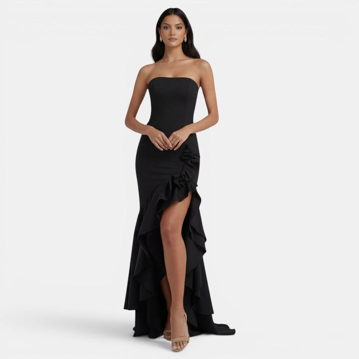 Vestito lungo da donna con bustier asimmetrico, volant, spacco alto