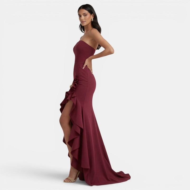 Vestito lungo da donna con bustier asimmetrico, volant, spacco alto
