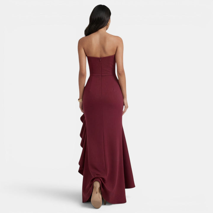 Vestito lungo da donna con bustier asimmetrico, volant, spacco alto