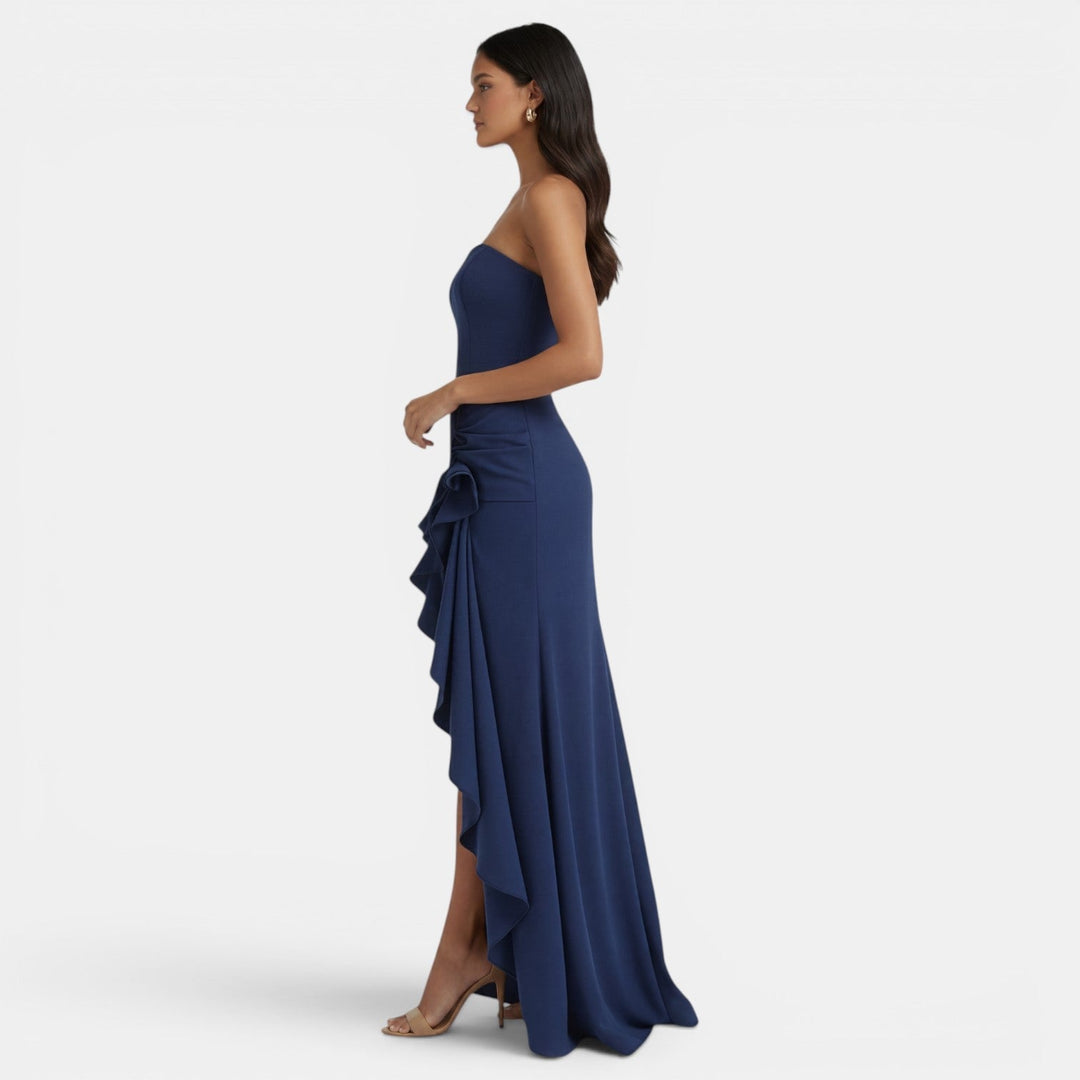 Vestito lungo da donna con bustier asimmetrico, volant, spacco alto