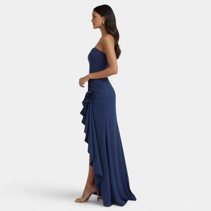 Vestito lungo da donna con bustier asimmetrico, volant, spacco alto