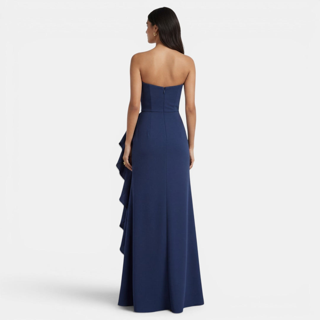 Vestito lungo da donna con bustier asimmetrico, volant, spacco alto