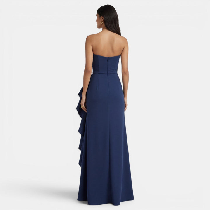Vestito lungo da donna con bustier asimmetrico, volant, spacco alto