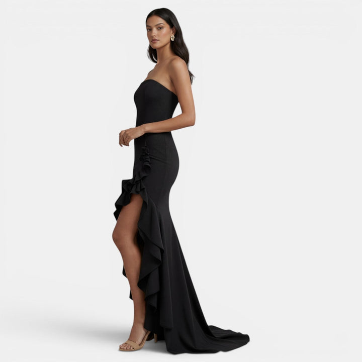 Vestito lungo da donna con bustier asimmetrico, volant, spacco alto