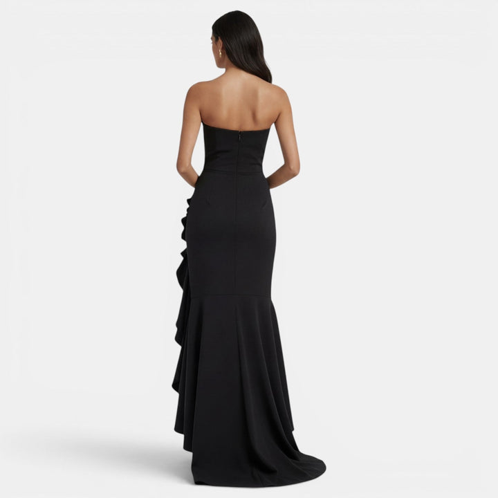 Vestito lungo da donna con bustier asimmetrico, volant, spacco alto