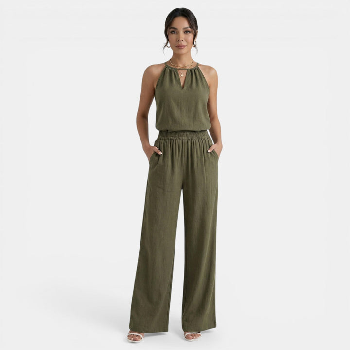 Completo donna con collo all’americana scollo a V pantalone largo vita elasticizzata