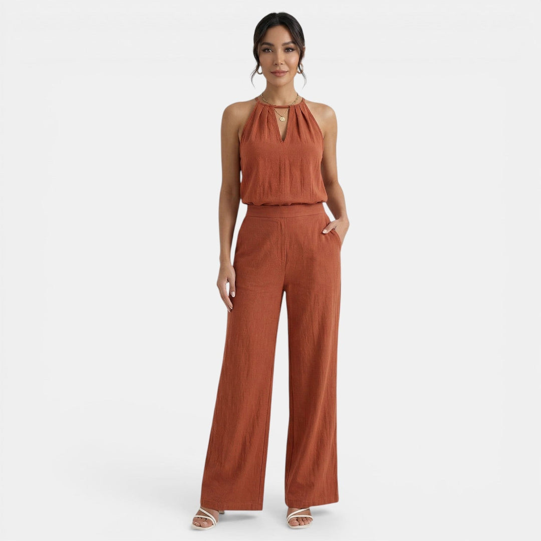 Completo donna con collo all’americana scollo a V pantalone largo vita elasticizzata
