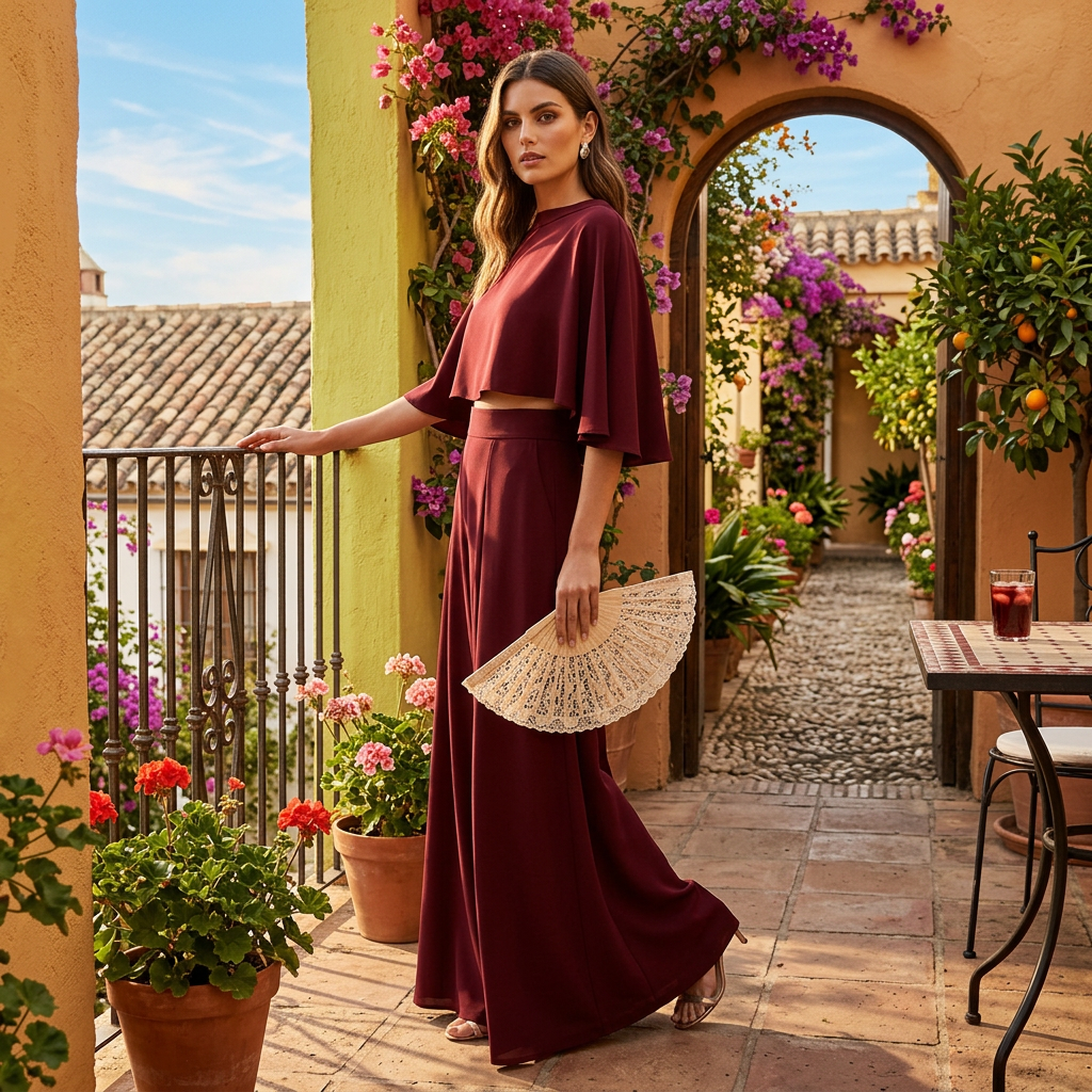 Completo donna con top corto a maniche a mantella, scollo rotondo, pantaloni ampi e fluidi