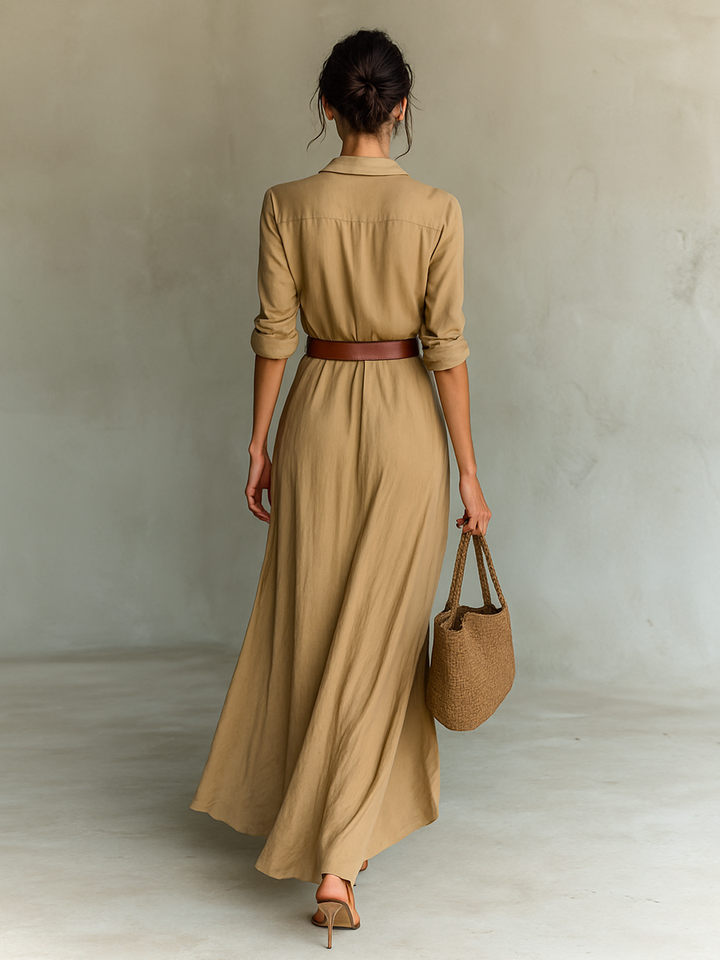 Vestito lungo da donna collo a revers maniche lunghe abbottonato con cintura drappeggiato