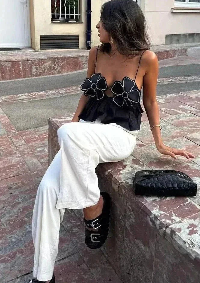 Top crop donna con applicazioni floreali e spalline sottili
