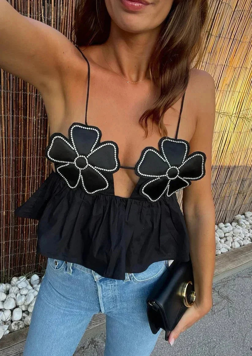 Top crop donna con applicazioni floreali e spalline sottili
