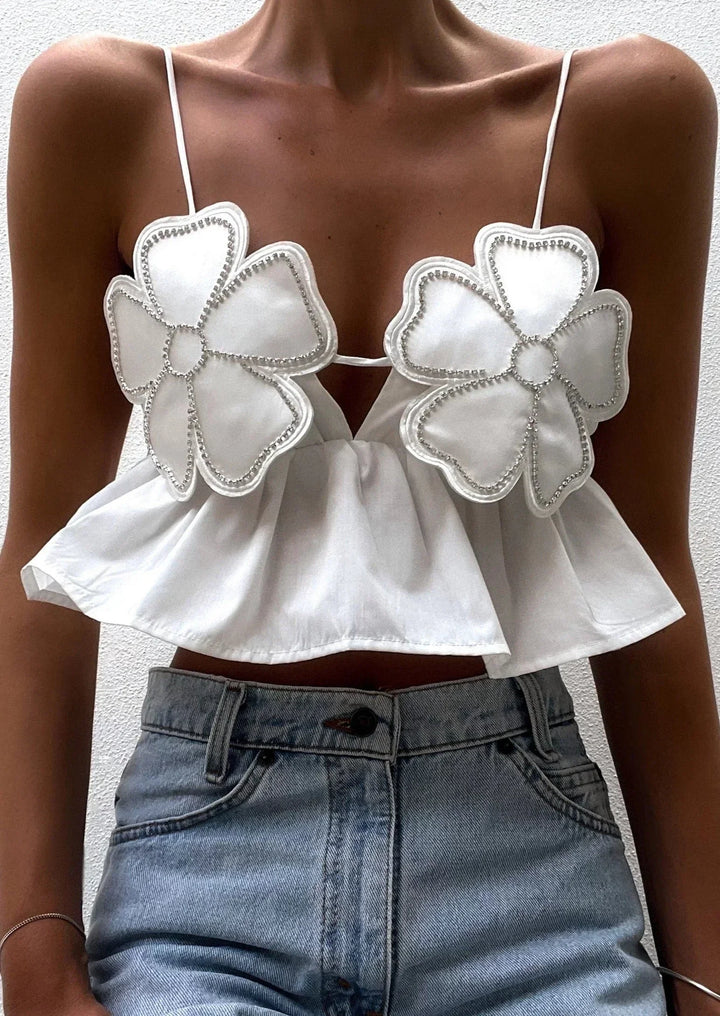 Top crop donna con applicazioni floreali e spalline sottili