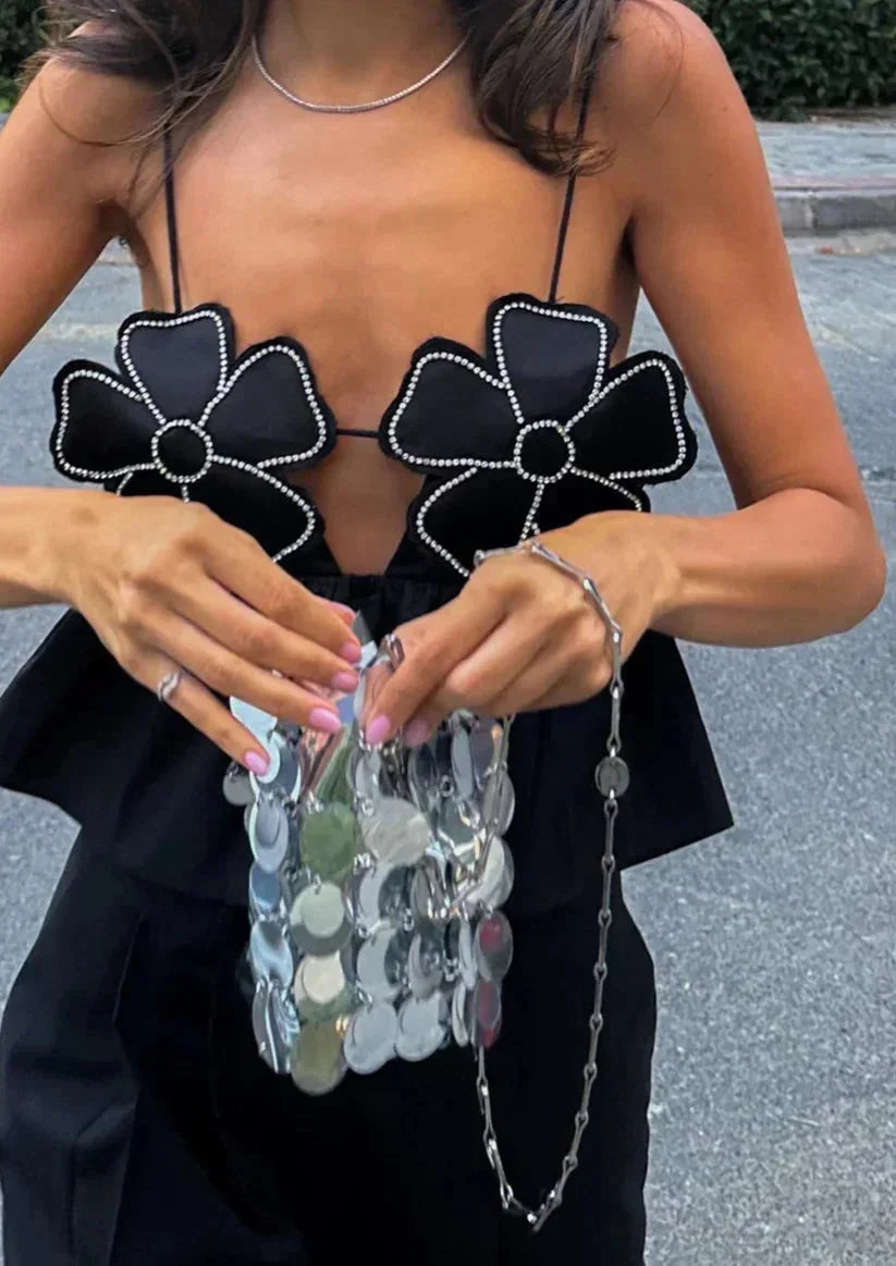 Top crop donna con applicazioni floreali e spalline sottili