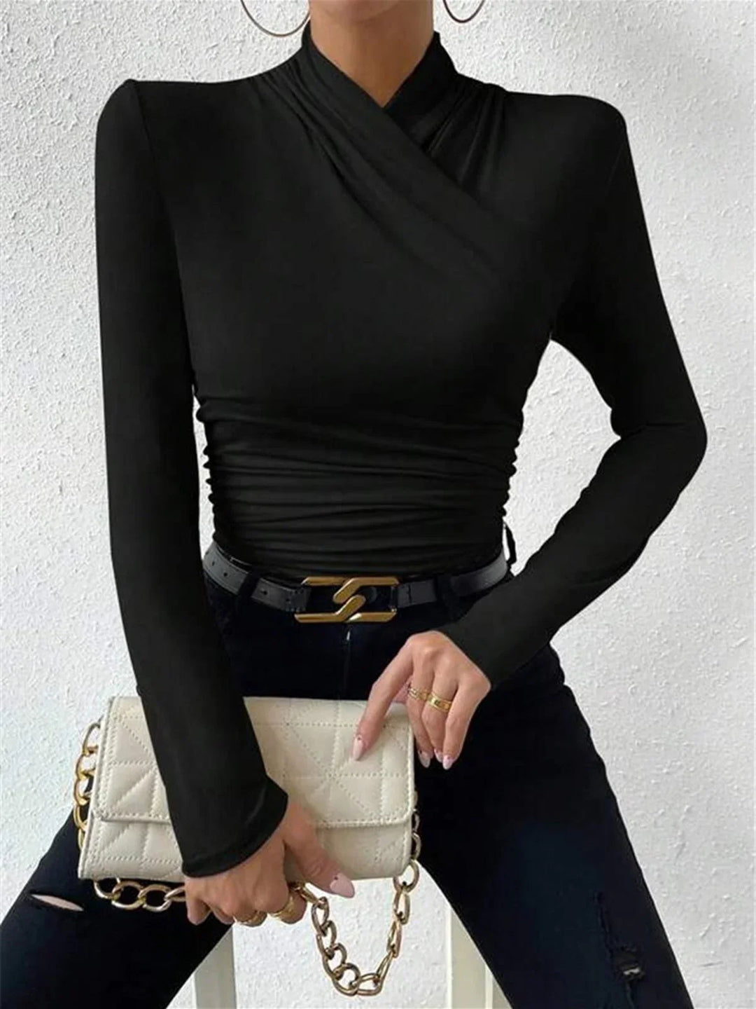 Top incrociato drappeggiato a maniche lunghe per donna