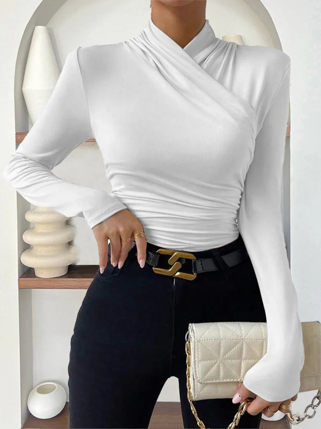 Top incrociato drappeggiato a maniche lunghe per donna