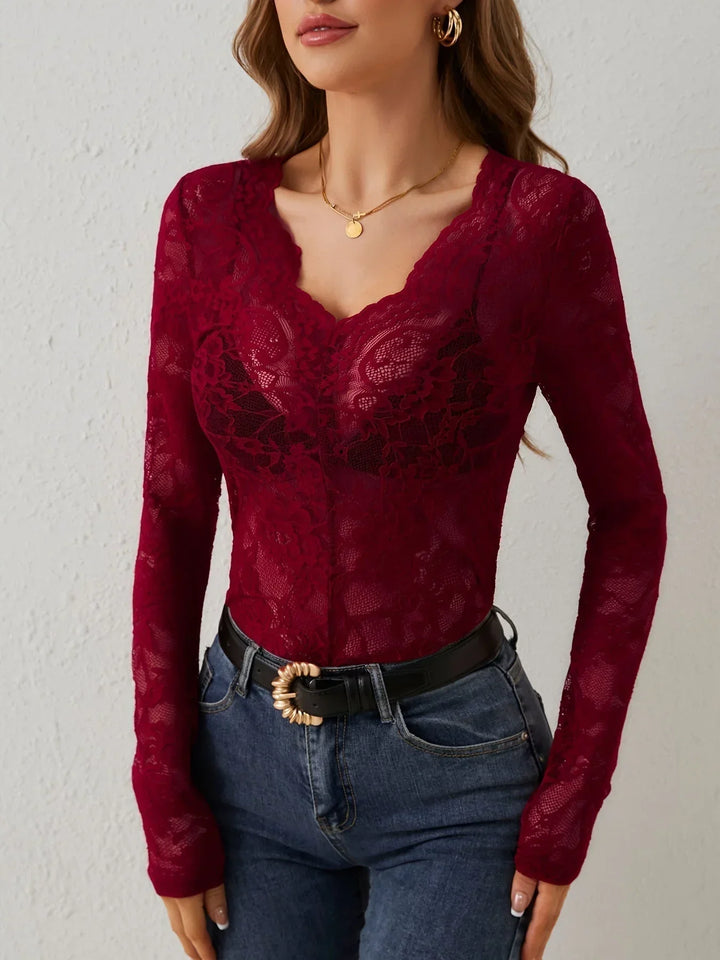 Top in pizzo da donna a maniche lunghe con scollo a V elegante