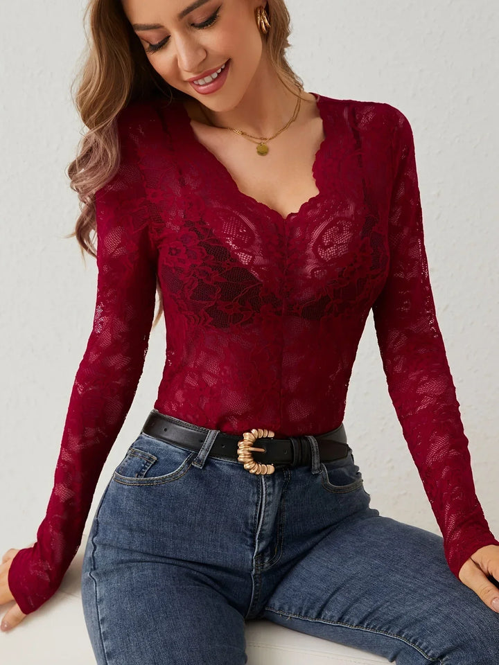 Top in pizzo da donna a maniche lunghe con scollo a V elegante