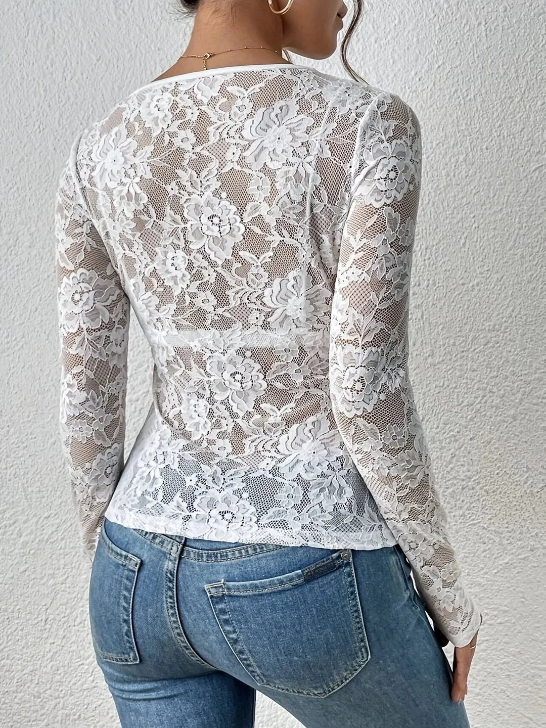Top in pizzo da donna a maniche lunghe con scollo a V elegante