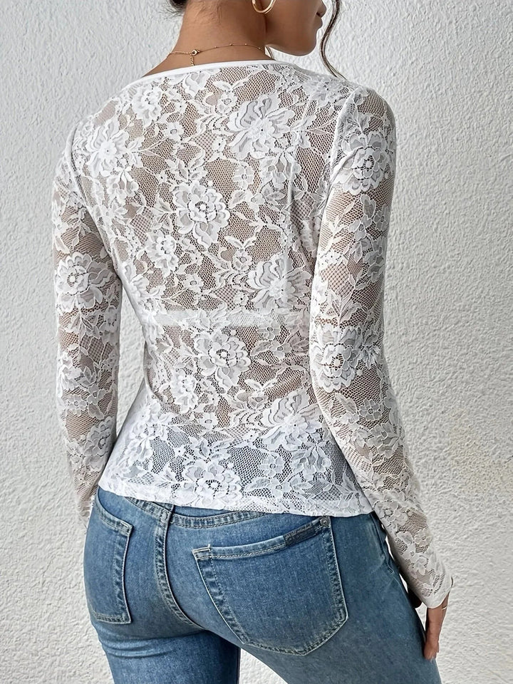 Top in pizzo da donna a maniche lunghe con scollo a V elegante