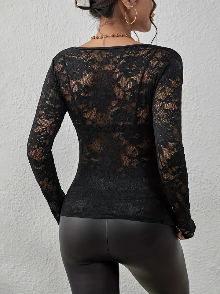 Top in pizzo da donna a maniche lunghe con scollo a V elegante