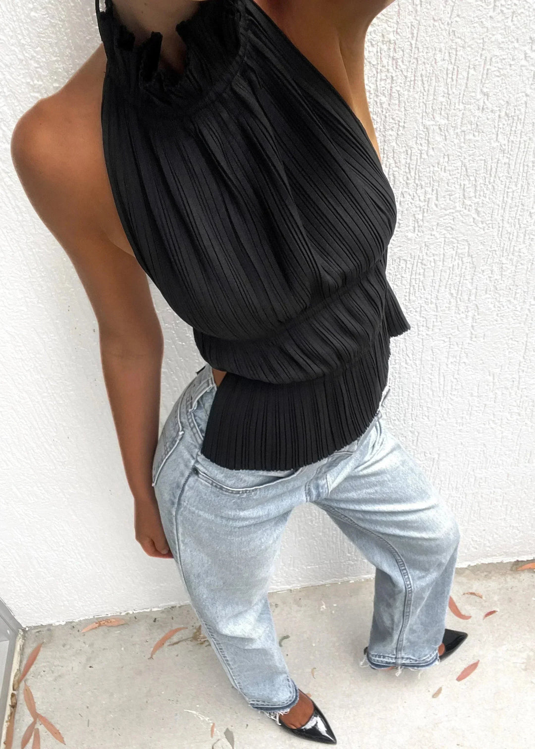 Top donna plissé collo alto schiena nuda senza Manica