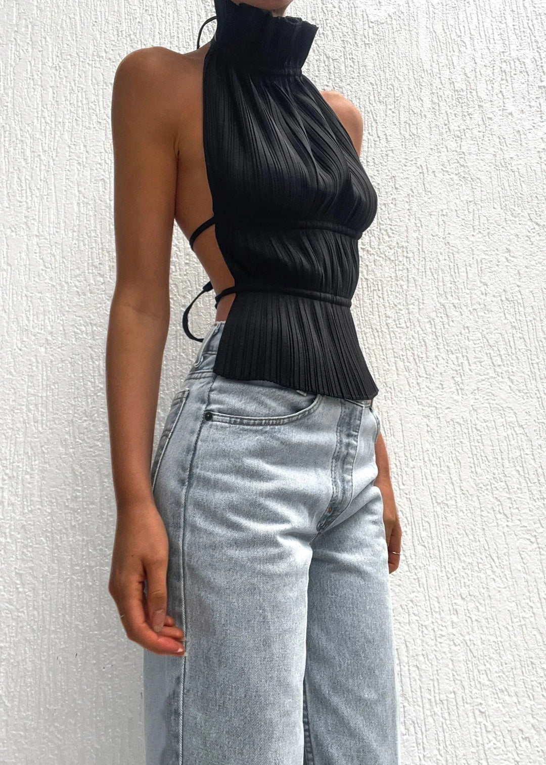 Top donna plissé collo alto schiena nuda senza Manica