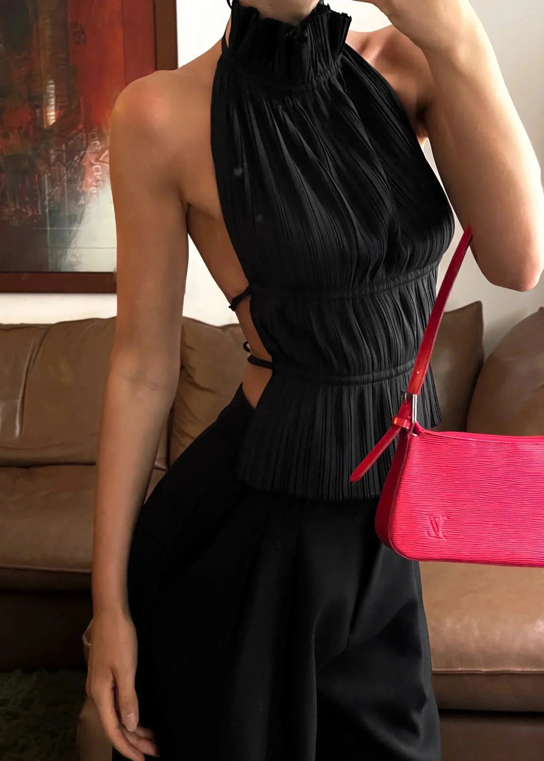 Top donna plissé collo alto schiena nuda senza Manica