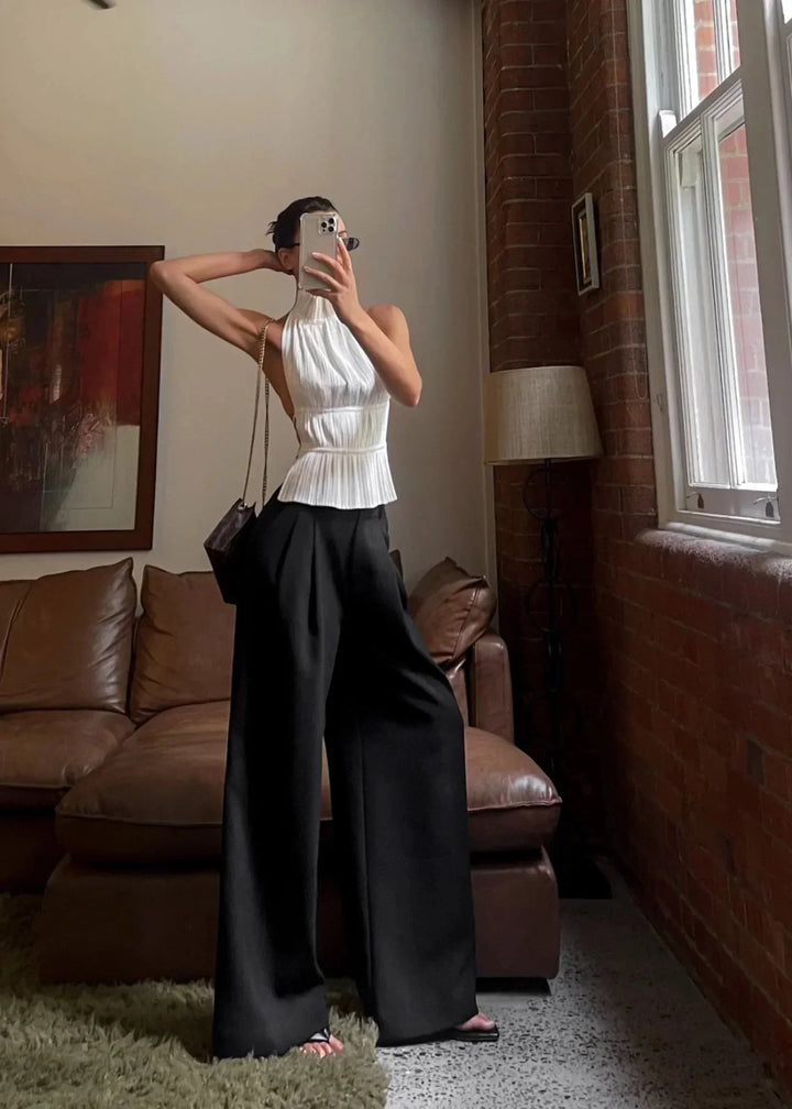 Top donna plissé collo alto schiena nuda senza Manica
