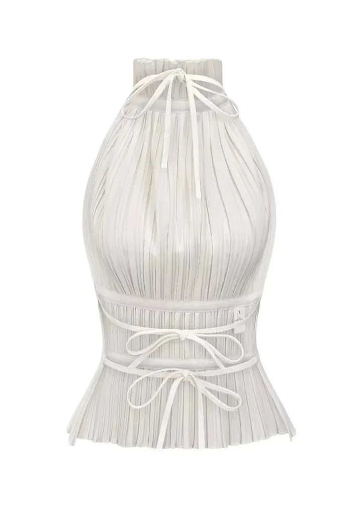 Top donna plissé collo alto schiena nuda senza Manica