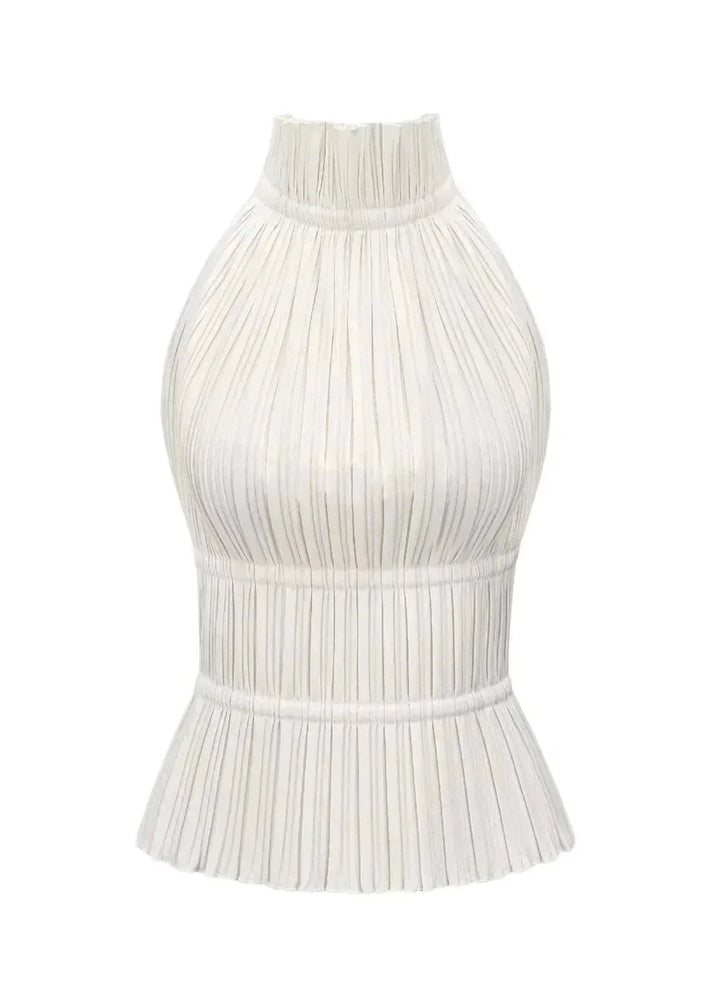Top donna plissé collo alto schiena nuda senza Manica