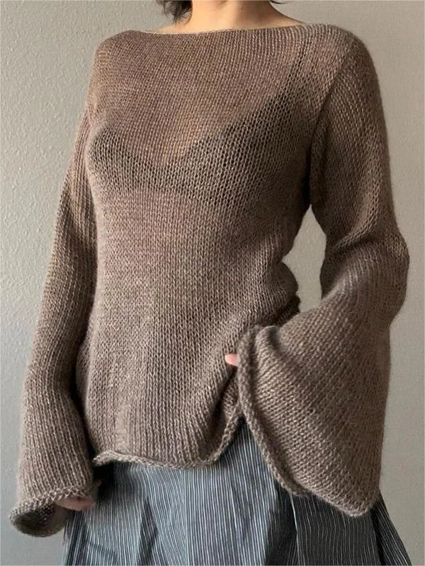 Top da donna con schiena aperta lavorato a maglia e maniche a campana