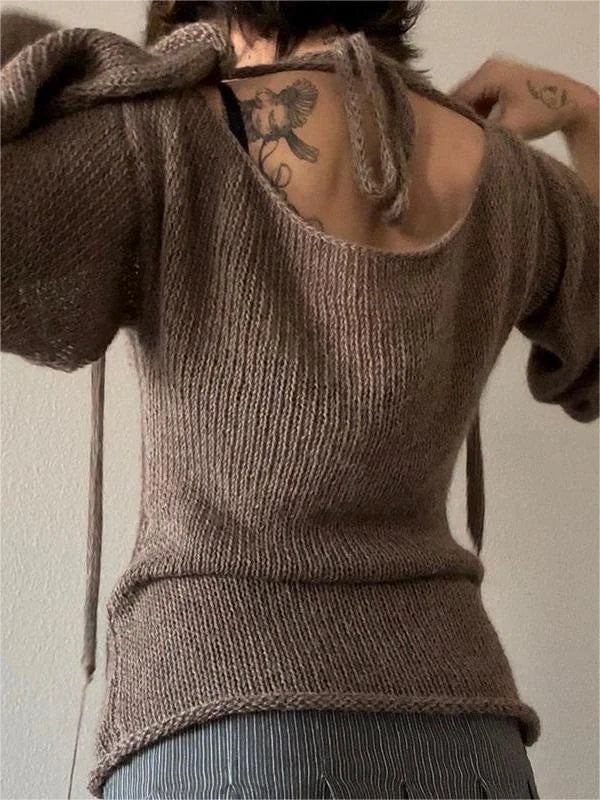 Top da donna con schiena aperta lavorato a maglia e maniche a campana